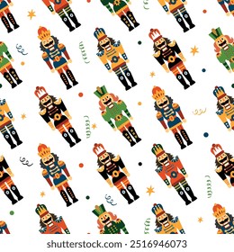 Nutcracker christmas seamless pattern for wrapping paper for kids in  scandinavian style on white background, winter background with toy for children fabric.