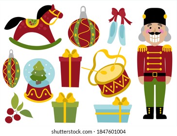 
Nutcracker and Christmas toys clipart. Balls on  Christmas tree, wooden horse, gifts, ball with  Christmas tree, pointe shoes and drum. Set vector illustration. 
New Year collection print