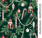 Nutcracker, Christmas tree, serpentine, candy cane, ball, garland, fir branch seamless pattern. Merry Christmas, New Year wallpaper.
