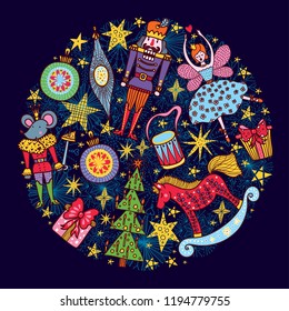 Nutcracker.  Christmas vector card. Around motif. 