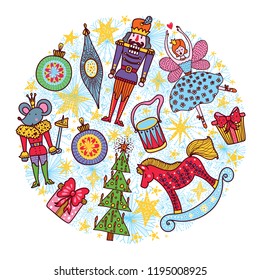 Nutcracker.  Christmas vector card. Around motif. 