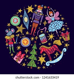 Nutcracker.  Christmas vector card. Around motif. 