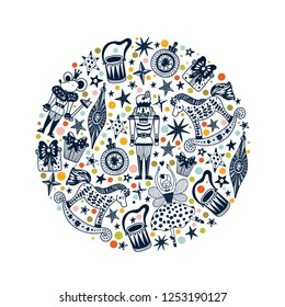 Nutcracker.   Christmas vector card. Around motif.