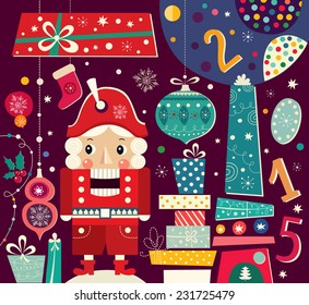 Nutcracker. Christmas vector illustration with gift boxes