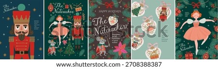 Nutcracker Christmas vector illustrations featuring the Nutcracker soldier, ballerina, Mouse King,  festive ornaments, gifts for greeting card, poster, wrapping paper, background