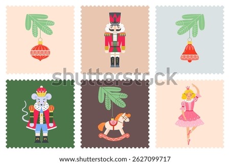 Nutcracker christmas vector set: ballerina, toy soldier, mouse king, princess, ornaments, rocking horse. Holiday fairy tale characters and decorations on postage square stamps.