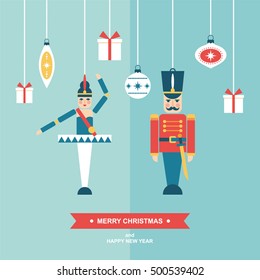 Nutcracker christmas vintage ornaments flat vector illustration/greetings card