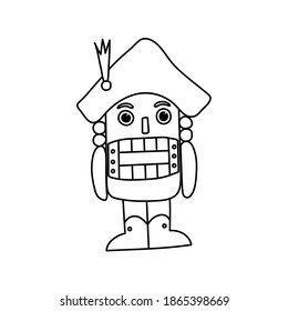 Nutcracker from a Christmas winter fairy tale. Vector outline on a white background. Hand drawn doodle vector illustration. Design for printable cards, invitations, children's coloring