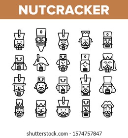 Nutcracker Collection Elements Icons Set Vector Thin Line. Moustaches And Ancient Hat On Soldier Head, Teeth For Cracking Nuts, Nutcracker Concept Linear Pictograms. Monochrome Contour Illustrations