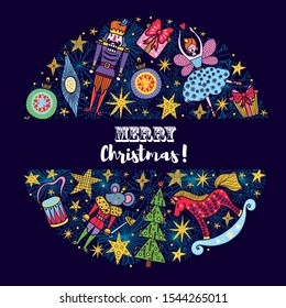 Nutcracker.  Colorful Christmas cute vector card 