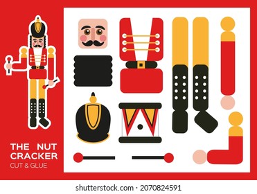 Nutcracker Cut and Glue. Traditional New Year Figurine Nutcracker. DIY Soldier. Worksheets for kids. Activity page. Happy Christmas paper craft game for children. Super motor skills.