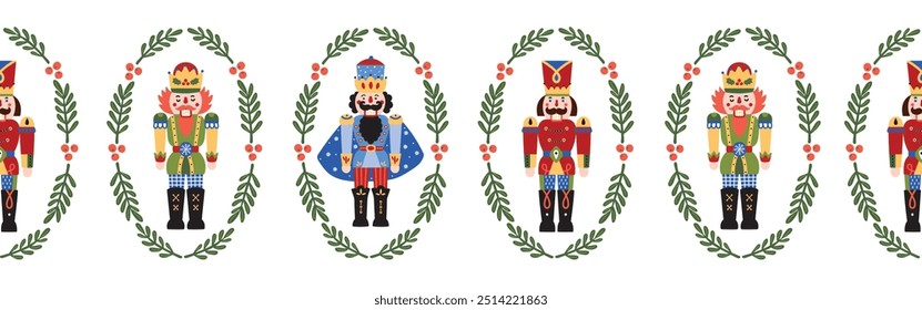 Nutcracker. Cute Christmas gorizontal border. Christmas colorful motifs.