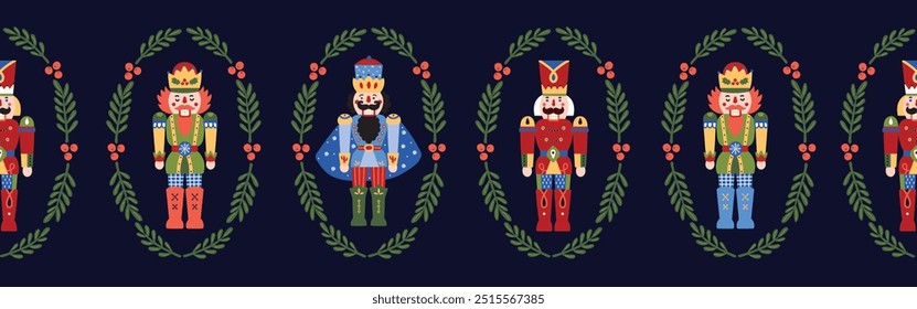 Nutcracker. Cute Christmas gorizontal border. Christmas colorful motifs.