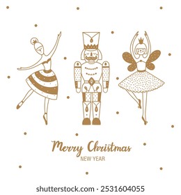 Nutcracker. Cute Christmas greeting card. Christmas gold illustration.