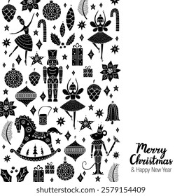 Nutcracker. Cute Christmas greeting card. Black illustration.