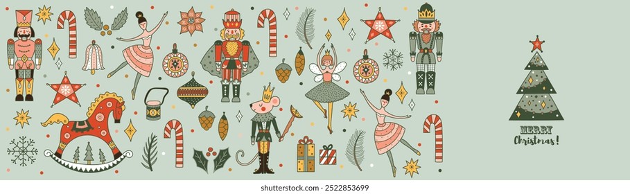 Nutcracker. Cute  Christmas vector banner. 