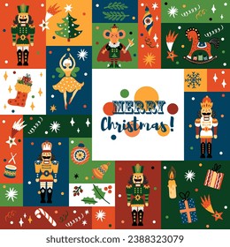 Nutcracker. Cute Christmas vector card. Christmas colorful motifs.