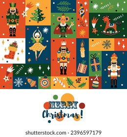 Nutcracker. Cute Christmas vector card. Christmas colorful motifs.