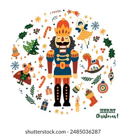 Nutcracker. Cute Christmas vector card. Interior poster.