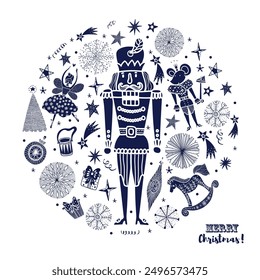 Nutcracker. Cute Christmas vector card. Interior poster.