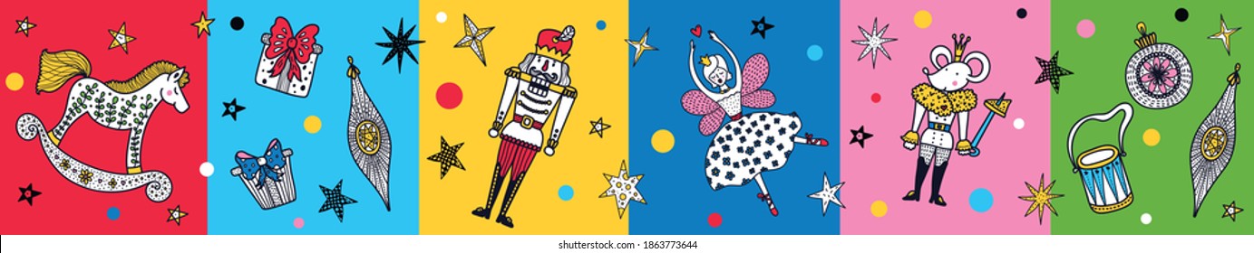 Nutcracker. Cute Christmas vector colorful banner. 
