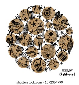 Nutcracker.  Cute Christmas vector postcard. Around motif. 