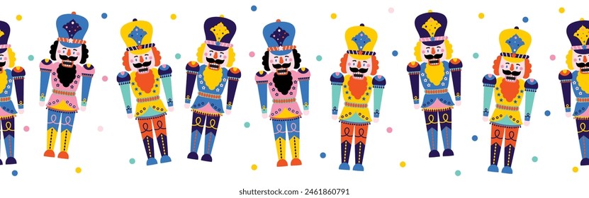 Nutcracker. Cute Christmasgorizontal border. Christmas colorful motifs.