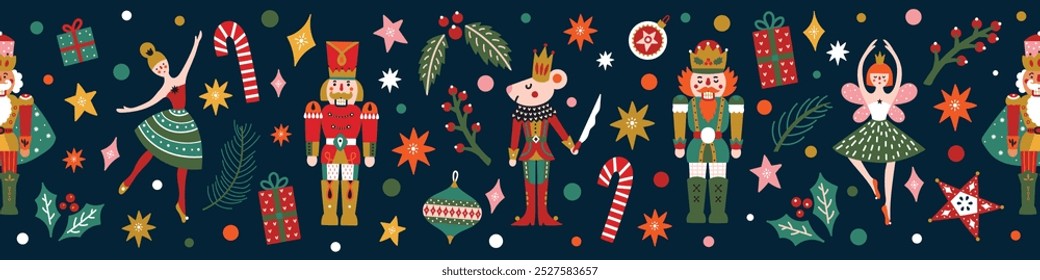 Nutcracker. Cute colorful Christmas gorizontal border. Christmas gold motifs.