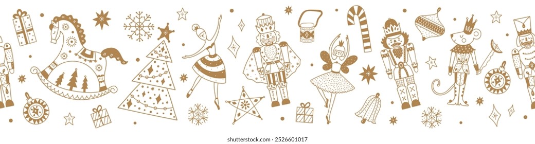 Nutcracker. Cute gold Christmas gorizontal border. Christmas gold motifs.