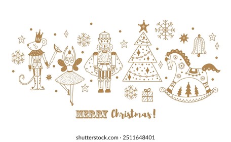 Nutcracker. Cute  gold Christmas vector card. 