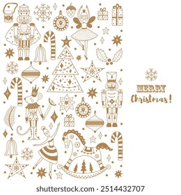 Nutcracker. Cute  gold Christmas vector card. 