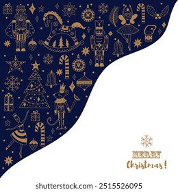 Nutcracker. Cute  gold Christmas vector card. 