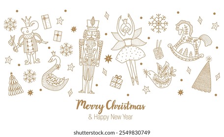 Nutcracker. Cute  gold Christmas vector card. 