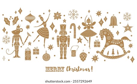 Nutcracker. Cute  gold Christmas vector card. 