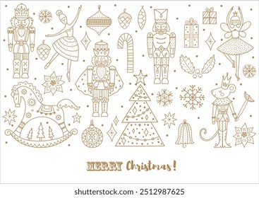 Nutcracker. Cute line gold Christmas vector card. 