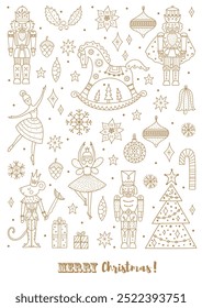 Nutcracker. Cute line gold Christmas vector poster. 