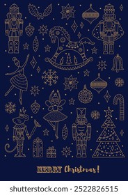 Nutcracker. Cute line gold Christmas vector card. 