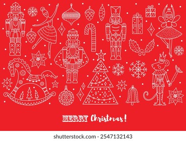 Nutcracker. Cute line gold Christmas vector card. 