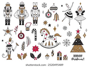  Nutcracker. Cute line set. Magic vector illustration. Coloring page. Transparent background.