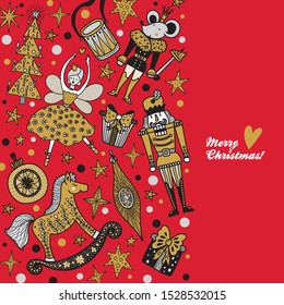 Nutcracker. Cute red Christmas vector card.