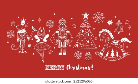 Nutcracker. Cute red Christmas vector card. 