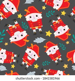 Nutcracker in different positions. Vector seamless pattern with nutcracker, sprigs of plants, stars. For children's textiles, wrapping paper for the new year and christmas.