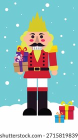 Muñeca cascanueces y caja de regalo sobre fondo.