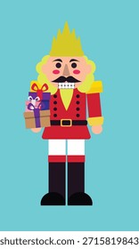 Nussknackerpuppe und Geschenkbox auf Hintergrund.