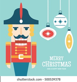 Nutcracker doll and vintage christmas ornaments flat vector illustration/greetings card