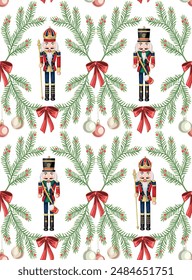 Nutcracker, fir branch and Christmas ball seamless pattern. Merry Christmas, New Year wallpaper.