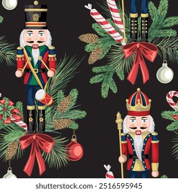 Nutcracker, fir branch, cone, candy and red ball seamless pattern. Merry Christmas, New Year wallpaper.	