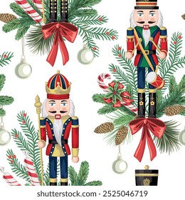 Nutcracker, fir branch, cone, candy and red ball seamless pattern. Merry Christmas, New Year wallpaper.