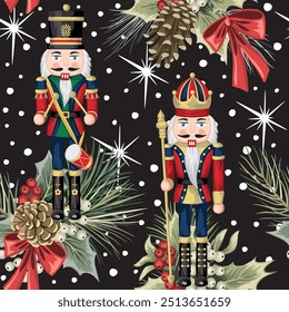 Nutcracker, fir branch, mistletoe, cone, stars seamless pattern. Merry Christmas, New Year wallpaper.	