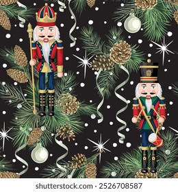 Nutcracker, fir branch, serpentine, ball, cone, stars seamless pattern. Merry Christmas, New Year wallpaper.	